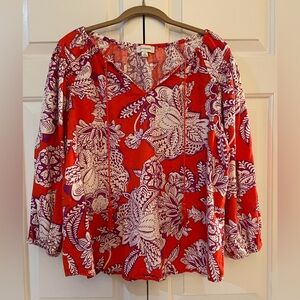 Calligraphie Linen Blend Boho Style Orange and White Floral Blouse EUC